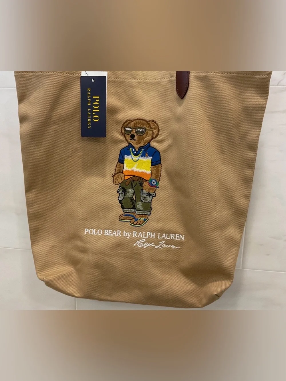 Polo Ralph Lauren Khaki Tan BEACH SHOP BEAR Cotton Twill Embroidered Tote Bag
